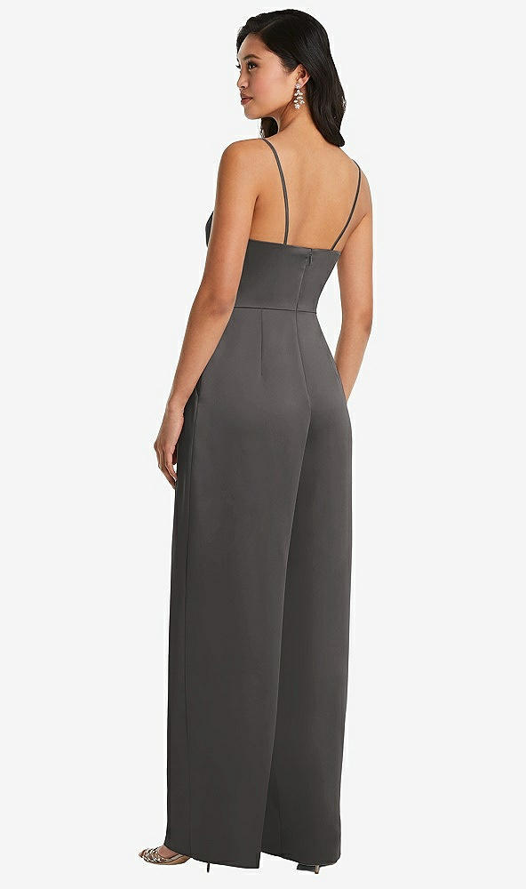 Back View - Caviar Gray Cowl-Neck Spaghetti Strap Maxi Jumpsuit with Pockets