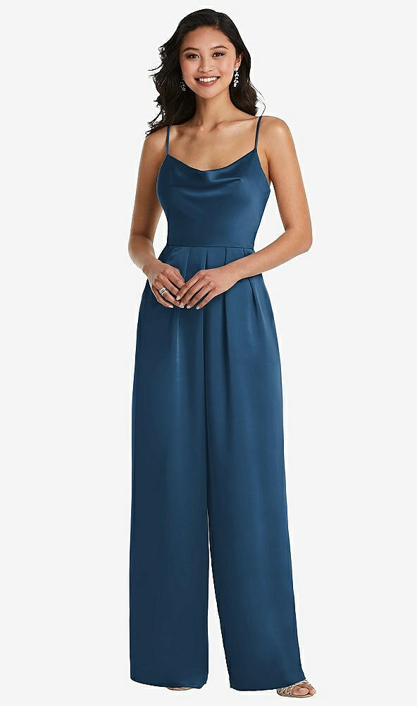 Front View - Dusk Blue Cowl-Neck Spaghetti Strap Maxi Jumpsuit with Pockets