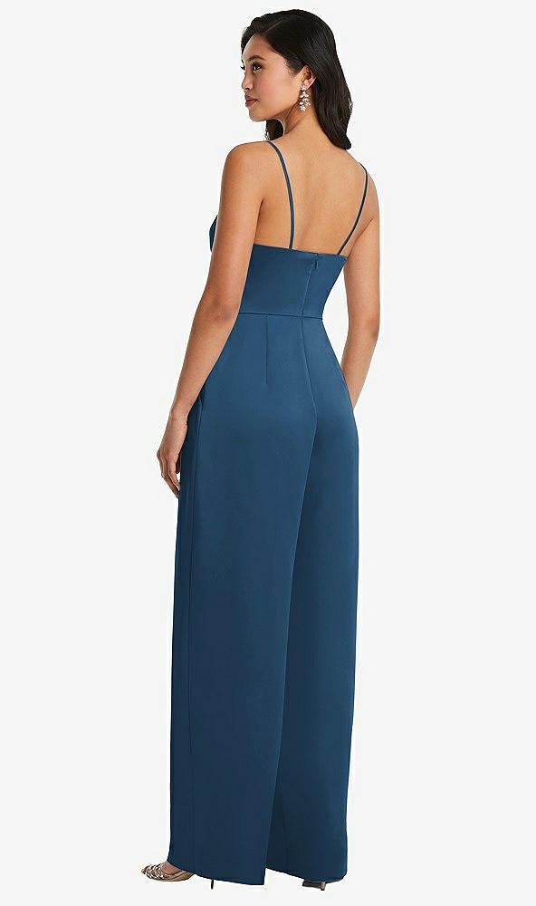 Back View - Dusk Blue Cowl-Neck Spaghetti Strap Maxi Jumpsuit with Pockets