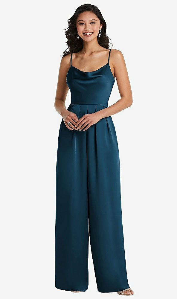 Front View - Atlantic Blue Cowl-Neck Spaghetti Strap Maxi Jumpsuit with Pockets