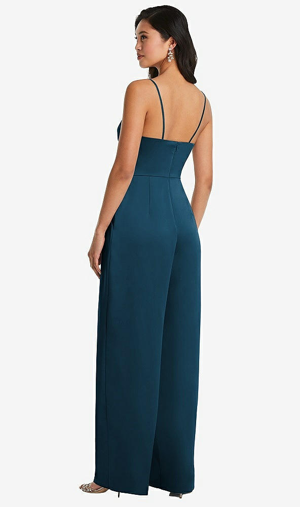 Back View - Atlantic Blue Cowl-Neck Spaghetti Strap Maxi Jumpsuit with Pockets