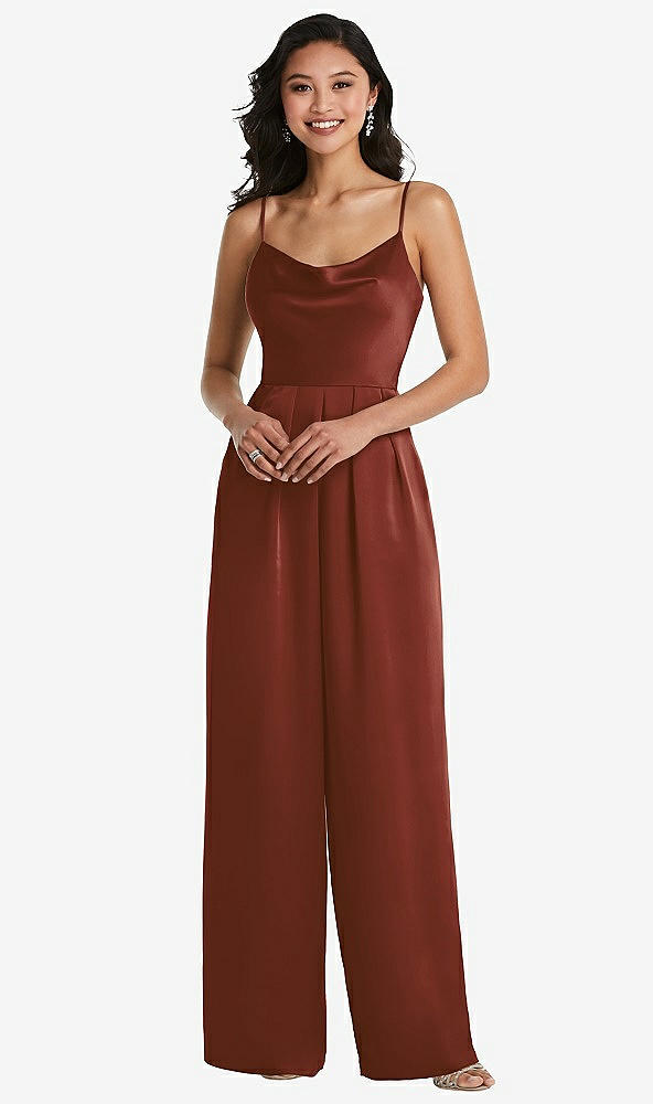Front View - Auburn Moon Cowl-Neck Spaghetti Strap Maxi Jumpsuit with Pockets