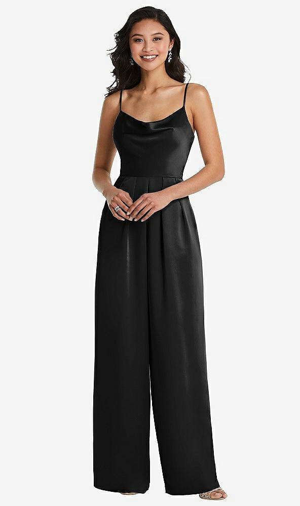 Front View - Black Cowl-Neck Spaghetti Strap Maxi Jumpsuit with Pockets