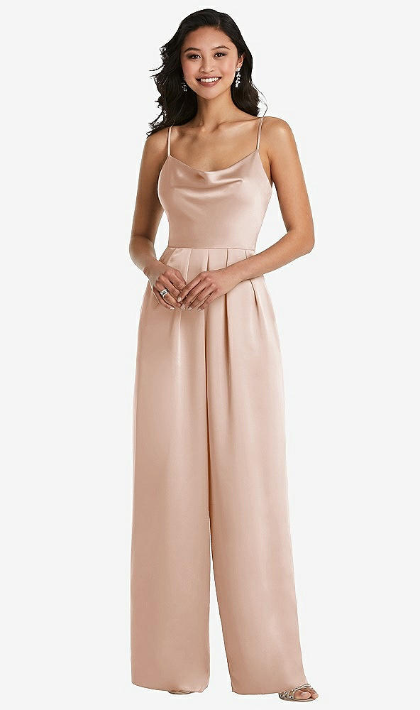 Front View - Cameo Cowl-Neck Spaghetti Strap Maxi Jumpsuit with Pockets
