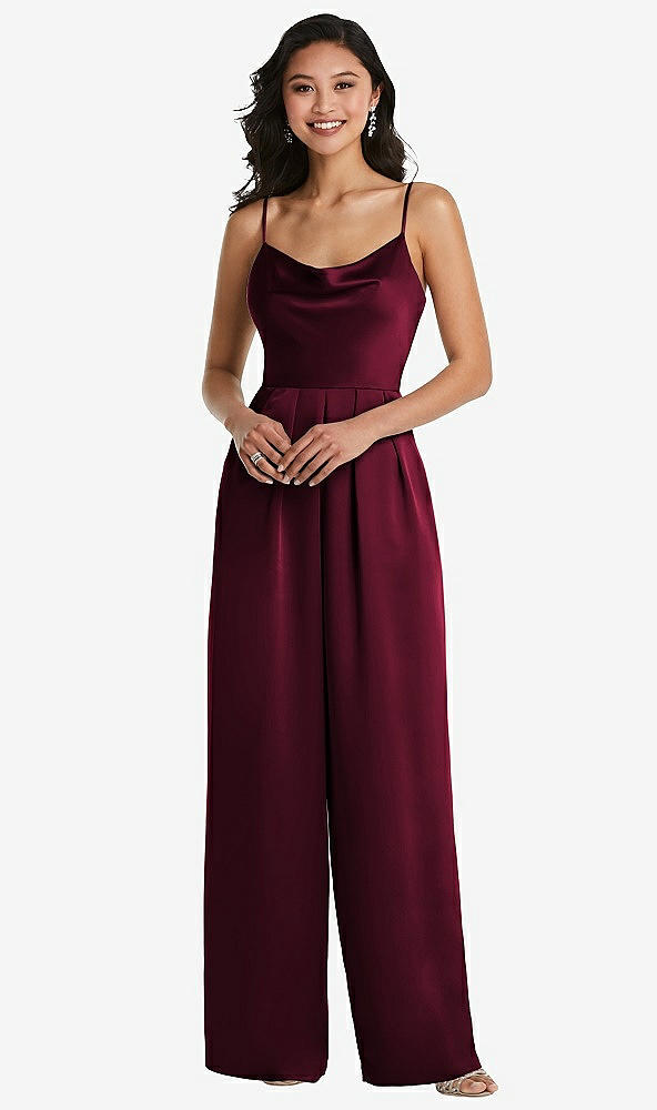 Front View - Cabernet Cowl-Neck Spaghetti Strap Maxi Jumpsuit with Pockets