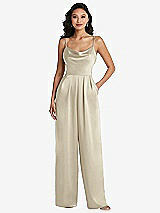 Alt View 1 Thumbnail - Champagne Cowl-Neck Spaghetti Strap Maxi Jumpsuit with Pockets