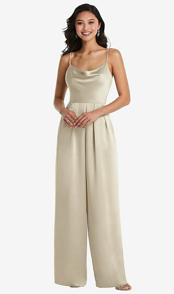 Front View - Champagne Cowl-Neck Spaghetti Strap Maxi Jumpsuit with Pockets