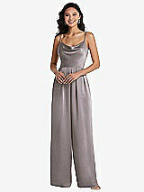 Front View Thumbnail - Cashmere Gray Cowl-Neck Spaghetti Strap Maxi Jumpsuit with Pockets