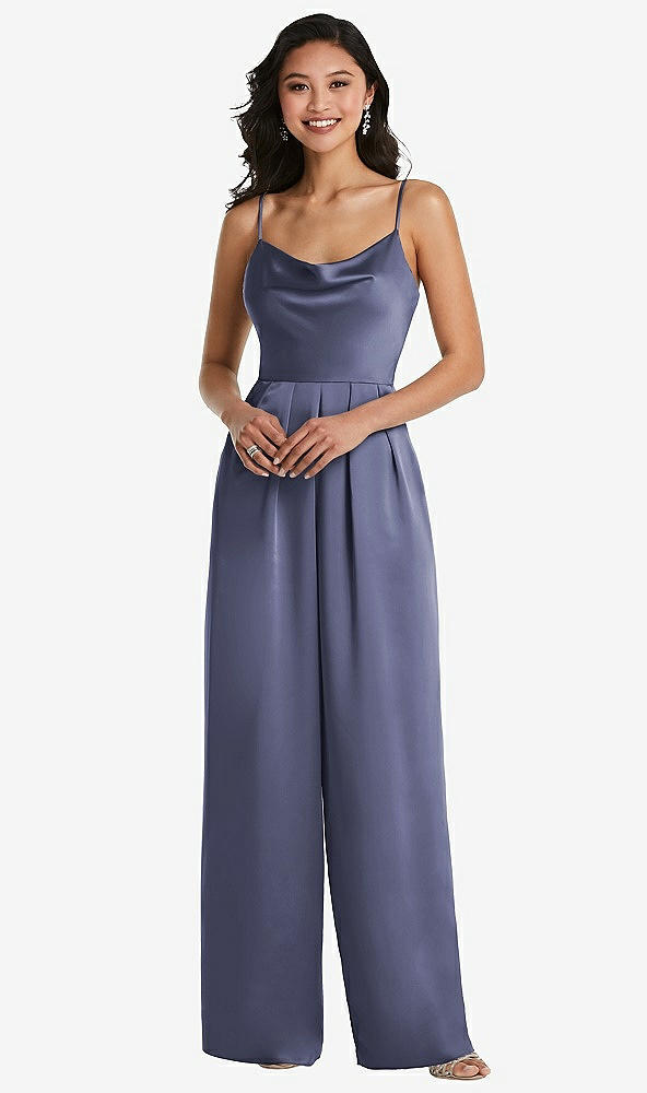 Front View - French Blue Cowl-Neck Spaghetti Strap Maxi Jumpsuit with Pockets