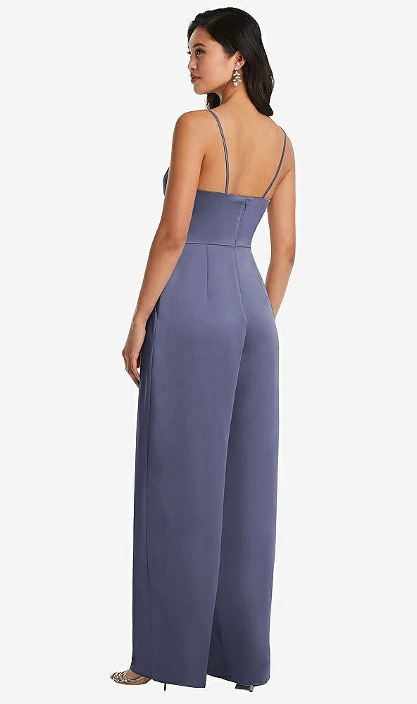 Back View - French Blue Cowl-Neck Spaghetti Strap Maxi Jumpsuit with Pockets