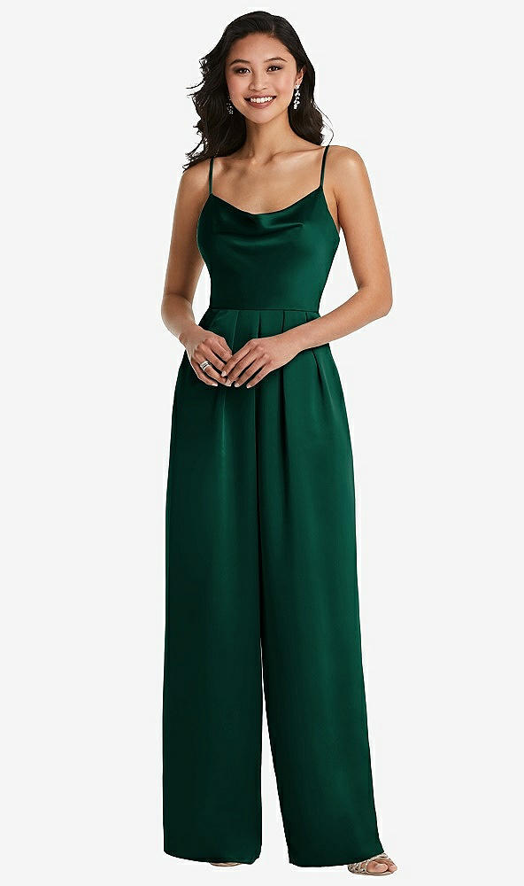 Front View - Hunter Green Cowl-Neck Spaghetti Strap Maxi Jumpsuit with Pockets