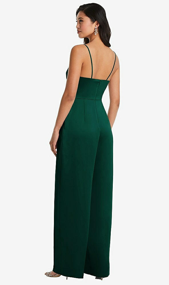 Back View - Hunter Green Cowl-Neck Spaghetti Strap Maxi Jumpsuit with Pockets