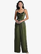 Front View Thumbnail - Olive Green Cowl-Neck Spaghetti Strap Maxi Jumpsuit with Pockets