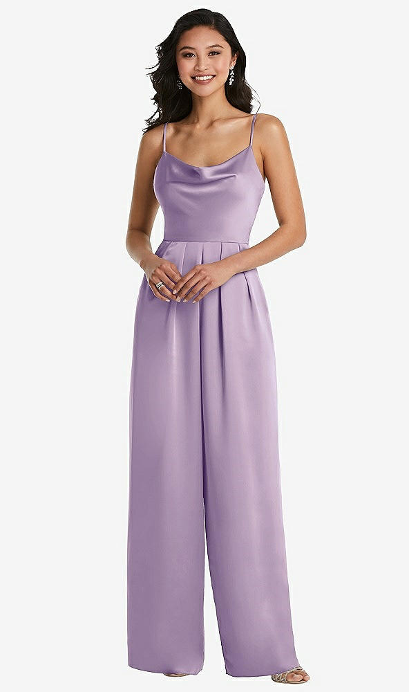 Front View - Pale Purple Cowl-Neck Spaghetti Strap Maxi Jumpsuit with Pockets