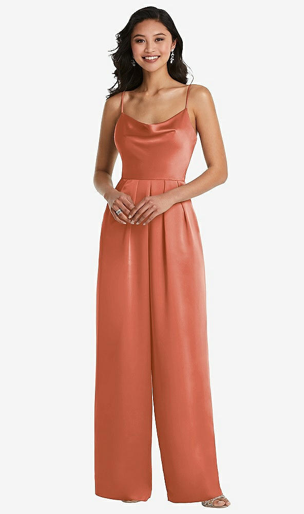 Front View - Terracotta Copper Cowl-Neck Spaghetti Strap Maxi Jumpsuit with Pockets