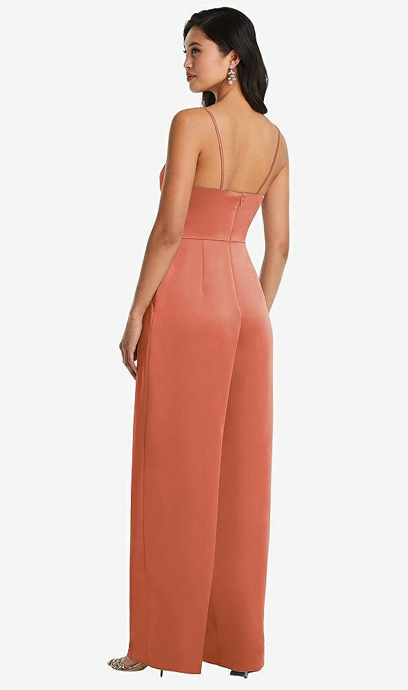 Back View - Terracotta Copper Cowl-Neck Spaghetti Strap Maxi Jumpsuit with Pockets