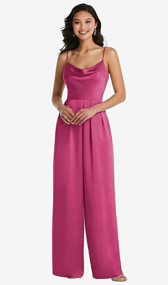 Front View - Tea Rose Cowl-Neck Spaghetti Strap Maxi Jumpsuit with Pockets