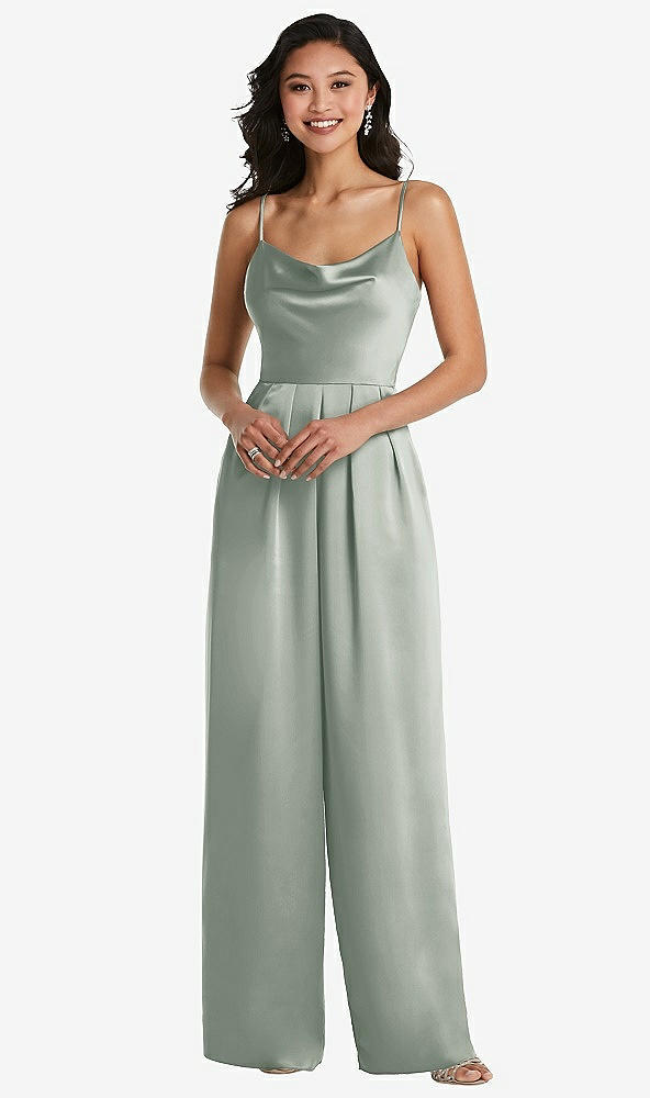 Front View - Willow Green Cowl-Neck Spaghetti Strap Maxi Jumpsuit with Pockets