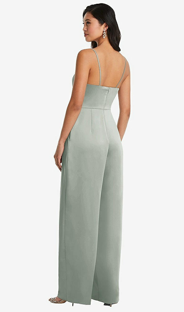Back View - Willow Green Cowl-Neck Spaghetti Strap Maxi Jumpsuit with Pockets