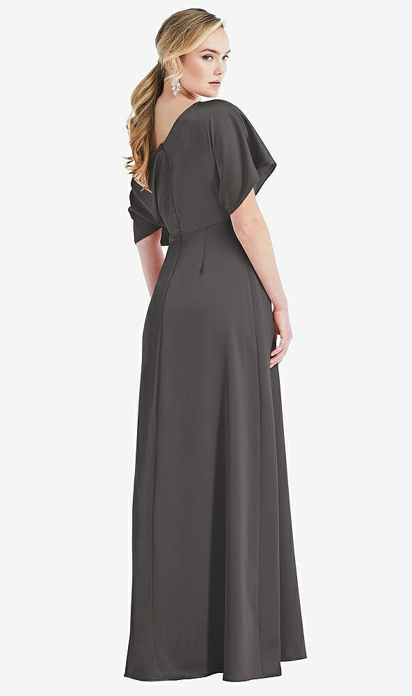 Back View - Caviar Gray One-Shoulder Sleeved Blouson Trumpet Gown