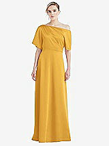 Front View Thumbnail - NYC Yellow One-Shoulder Sleeved Blouson Trumpet Gown