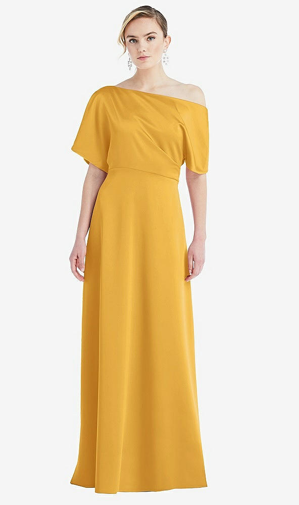 Front View - NYC Yellow One-Shoulder Sleeved Blouson Trumpet Gown