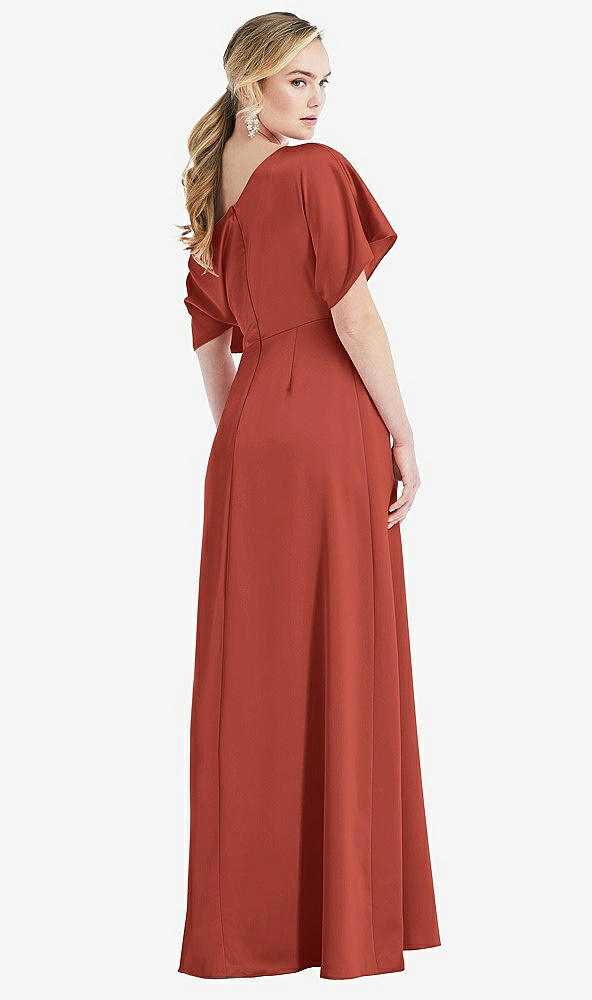 Back View - Amber Sunset One-Shoulder Sleeved Blouson Trumpet Gown