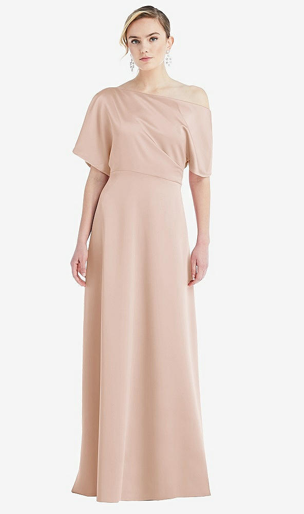 Front View - Cameo One-Shoulder Sleeved Blouson Trumpet Gown