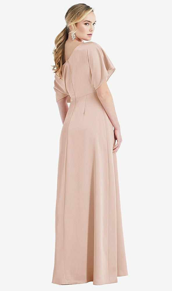 Back View - Cameo One-Shoulder Sleeved Blouson Trumpet Gown