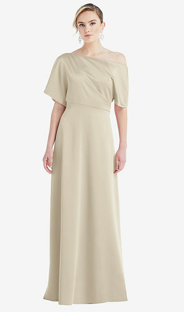 Front View - Champagne One-Shoulder Sleeved Blouson Trumpet Gown