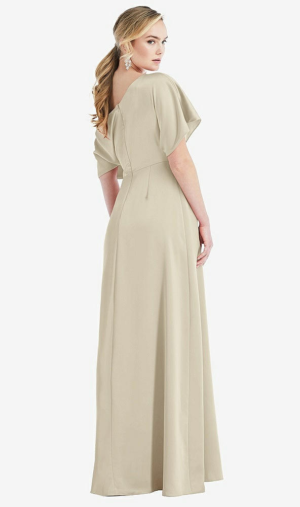 Back View - Champagne One-Shoulder Sleeved Blouson Trumpet Gown