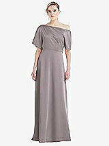 Front View Thumbnail - Cashmere Gray One-Shoulder Sleeved Blouson Trumpet Gown