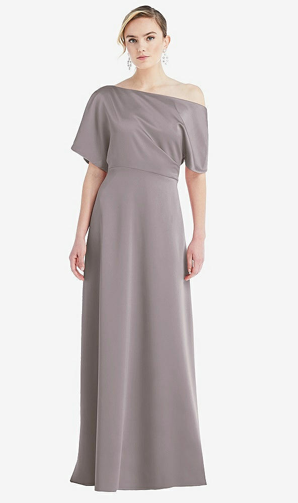 Front View - Cashmere Gray One-Shoulder Sleeved Blouson Trumpet Gown