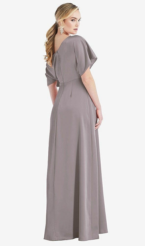 Back View - Cashmere Gray One-Shoulder Sleeved Blouson Trumpet Gown