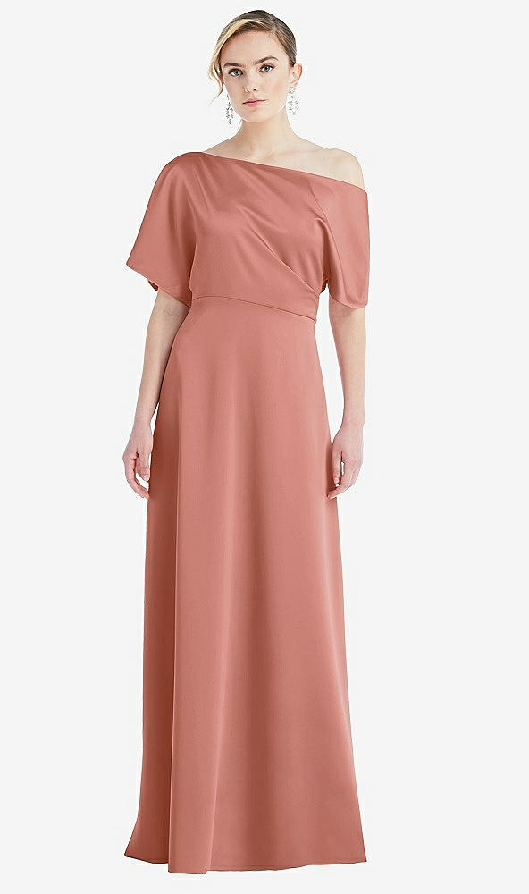 Front View - Desert Rose One-Shoulder Sleeved Blouson Trumpet Gown