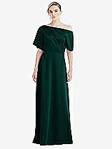 Front View Thumbnail - Evergreen One-Shoulder Sleeved Blouson Trumpet Gown