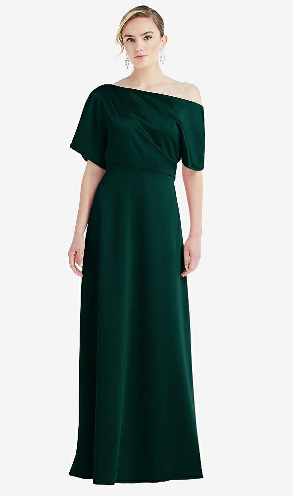 Front View - Evergreen One-Shoulder Sleeved Blouson Trumpet Gown