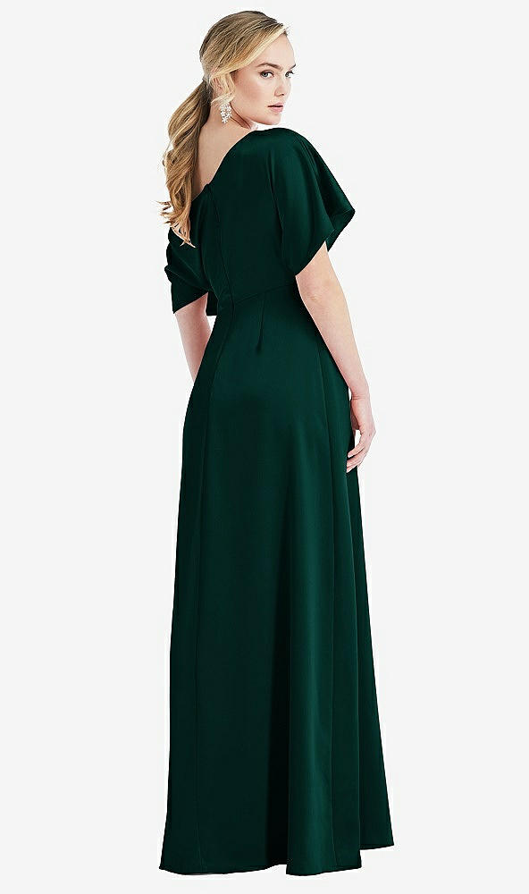 Back View - Evergreen One-Shoulder Sleeved Blouson Trumpet Gown