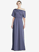 Front View Thumbnail - French Blue One-Shoulder Sleeved Blouson Trumpet Gown