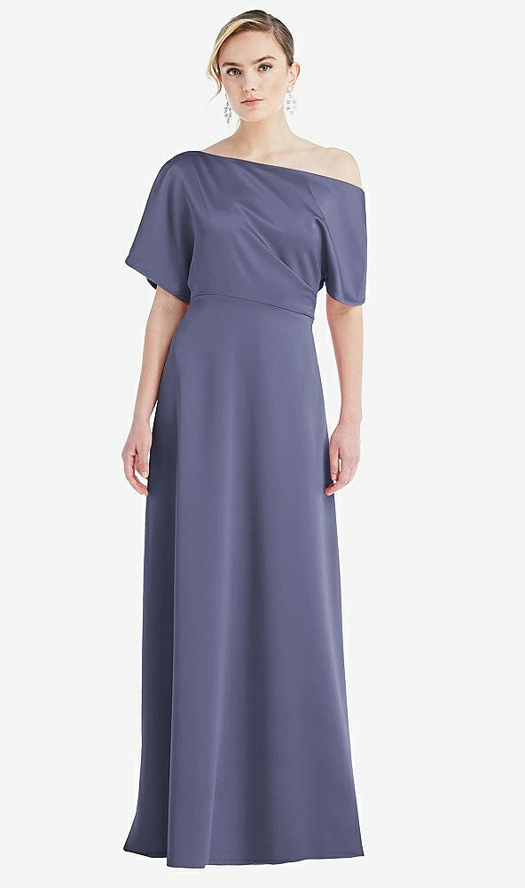 Front View - French Blue One-Shoulder Sleeved Blouson Trumpet Gown