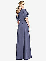 Rear View Thumbnail - French Blue One-Shoulder Sleeved Blouson Trumpet Gown