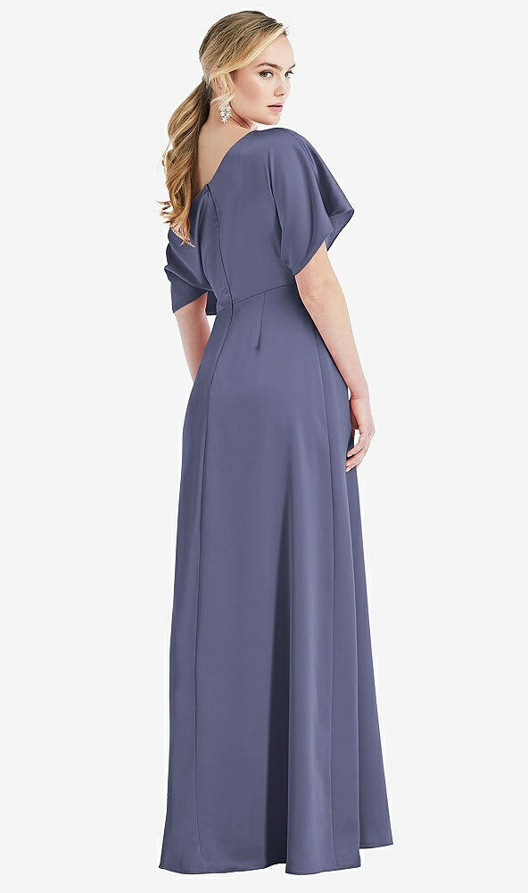 Back View - French Blue One-Shoulder Sleeved Blouson Trumpet Gown