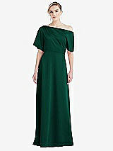 Front View Thumbnail - Hunter Green One-Shoulder Sleeved Blouson Trumpet Gown