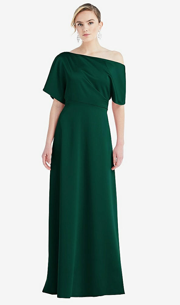 Front View - Hunter Green One-Shoulder Sleeved Blouson Trumpet Gown