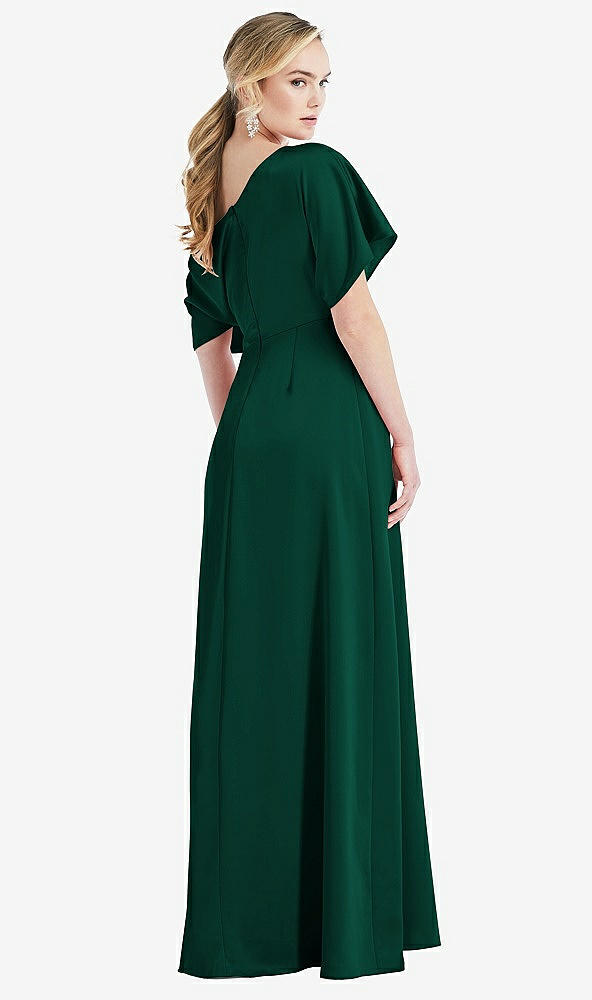 Back View - Hunter Green One-Shoulder Sleeved Blouson Trumpet Gown