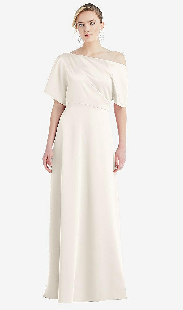 Front View - Ivory One-Shoulder Sleeved Blouson Trumpet Gown