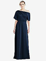 Front View Thumbnail - Midnight Navy One-Shoulder Sleeved Blouson Trumpet Gown