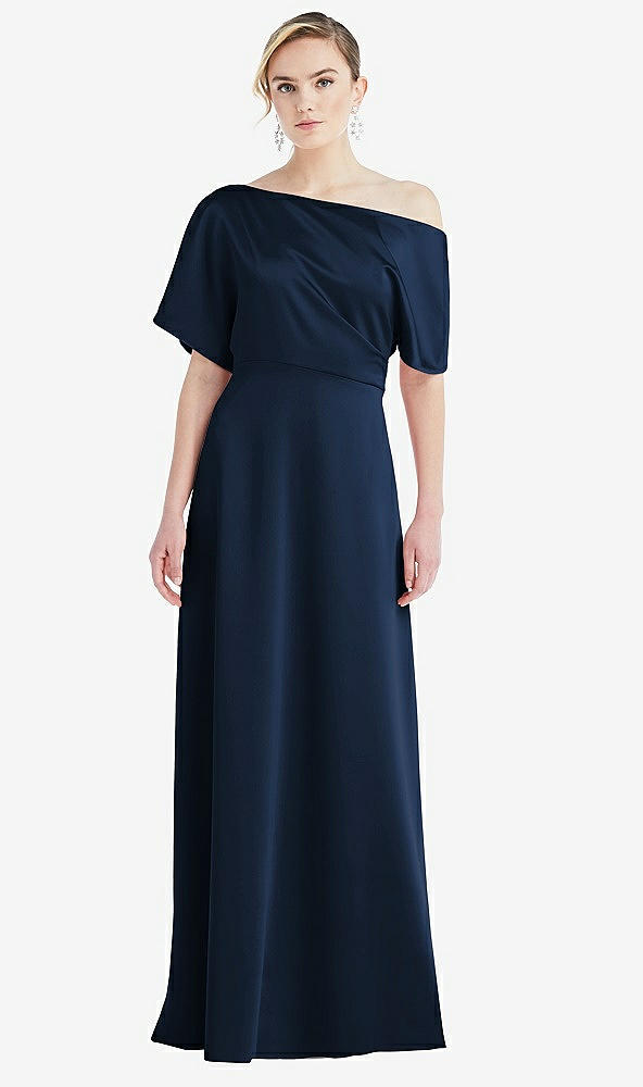 Front View - Midnight Navy One-Shoulder Sleeved Blouson Trumpet Gown