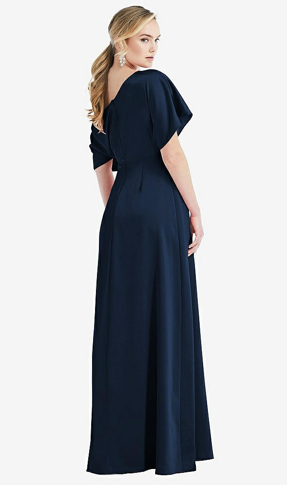 Back View - Midnight Navy One-Shoulder Sleeved Blouson Trumpet Gown
