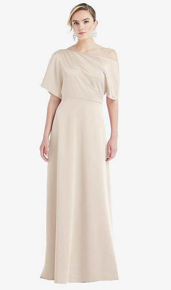 Front View - Oat One-Shoulder Sleeved Blouson Trumpet Gown